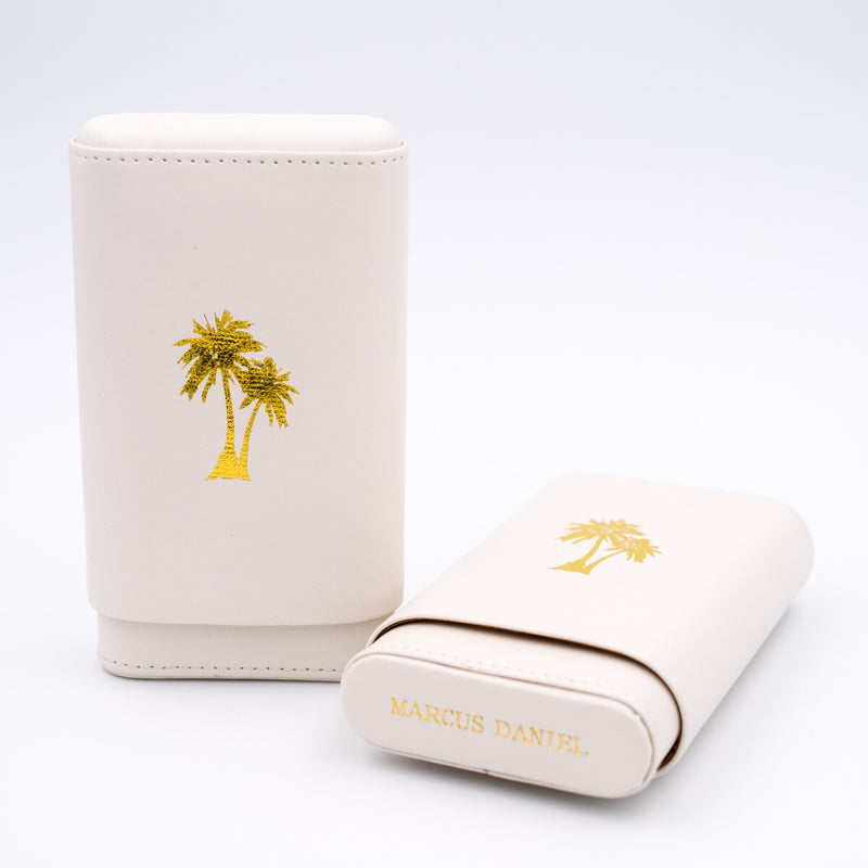MARCUS DANIEL <br> LEATHER CIGAR CASE <br> Palm Tree <br> White & Gold